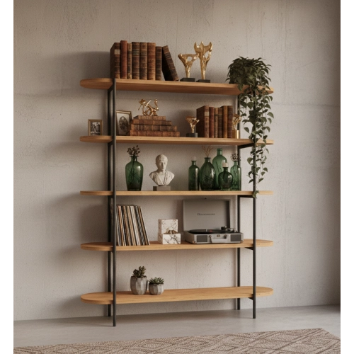 REGAŁ NA KSIĄŻKI 5 POZIOMOWY METALOWY DREWNO LITE DĄB JESION OLCHA  RNK-191